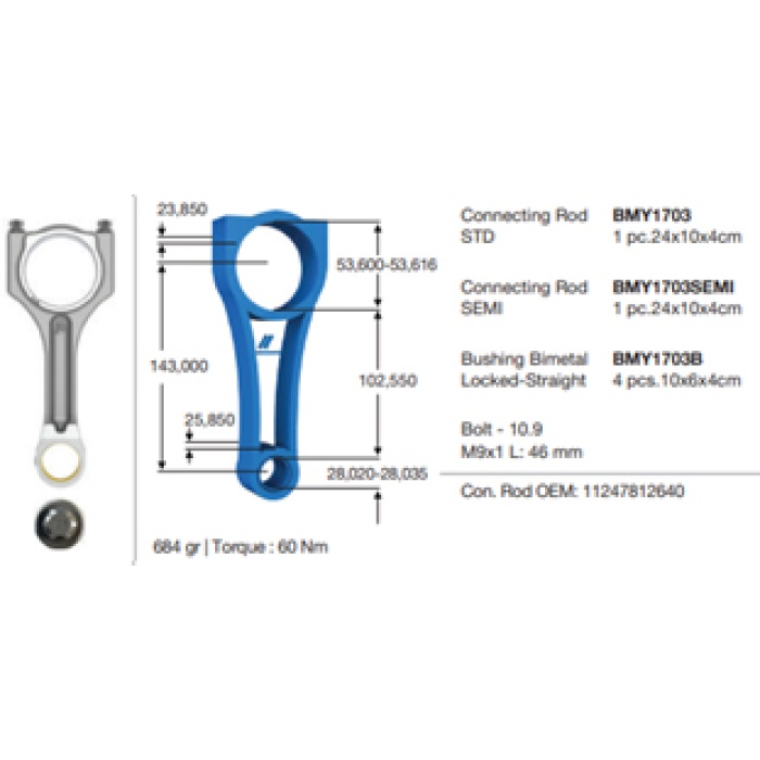 PISTON KOLU BMW N47 C20 B47 C20 E60 F10 F20 F30 E90 E84 E83 F25 E92 E93 F32 F34 F36 / MINI R55 R56 R57 R58 R59 R60 R61 / TOYOTA AVENSIS VERSO 1.6L 1WW WWT270 WAR20 D4-D dizel 03-08 BMY 1703