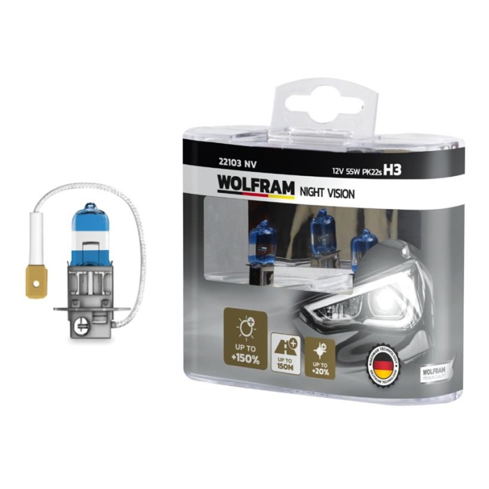 AMPUL 12V H3 55 PK22s NIGHT VISION 150 FAZLA 20 BEYAZ IŞIK WOLFRAM 22103 NV