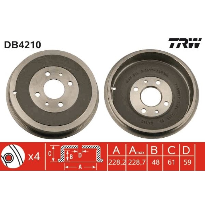 ARKA FREN KAMPANASI FIAT ALBEA 00 DOBLO 01 FIORINO 09 LINEA 09 MAREA 00 TEMPRA 92 96 TIPO 90 95 UNO 98 06 PEUGEOT BIPPER 08 CITROEN NEMO 08 228.2 mm 4 Delik TRW DB4210