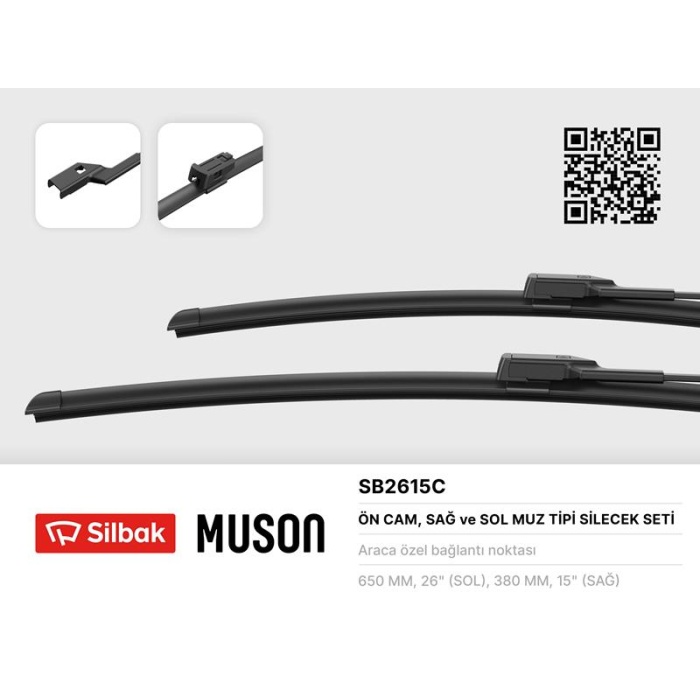 ÖN SİLECEK SÜPÜRGESİ 650/380MM MUZ TİPİ PARTNER TEPE - BERLINGO 08 GRANDE PUNTO -LINEA 08 FIAT 5 00L 12 FIESTA VI 08 CORSA D 06 CORSA E 14 AVEO 11 MITO 09 SILBAK SB2615C