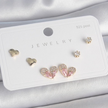 Pirinç Gold Renk Pembe Zirkon Taşlı Kalp Model 925 Ayar Gümüş Çivi Kadın Küpe Seti - TJ-BKP10492