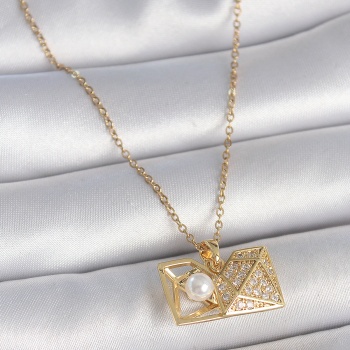 316L Çelik Gold Renk Zincir Zirkon Taşlı Açılır İncili Elmas Model Kadın Kolye - TJ-BKO10049