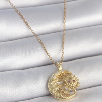 316L Çelik Gold Renk Zincir Ay Güneş Model Zirkon Taş Detaylı Kadın Kolye - TJ-BKO10057
