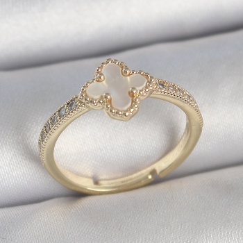 Pirinç Gold Renk Zirkon Taşlı Beyaz Mineli Yonca Model Ayarlanabilir Kadın Yüzük - TJ-BYK3737
