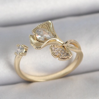Pirinç Gold Renk Zirkon Taşlı Deniz Kabuğu Model Ayarlanabilir Kadın Yüzük - TJ-BYK3741