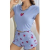Mavi Önü Çilek Detaylı Şortlu Gecelik Takımı