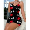 Love Desenli Siyah Saten Gecelik