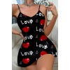 Love Desenli Siyah Saten Gecelik