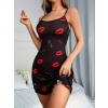 Kadın Elbise Kırmızı Dudak Desenli Askılı Seksi Elbise