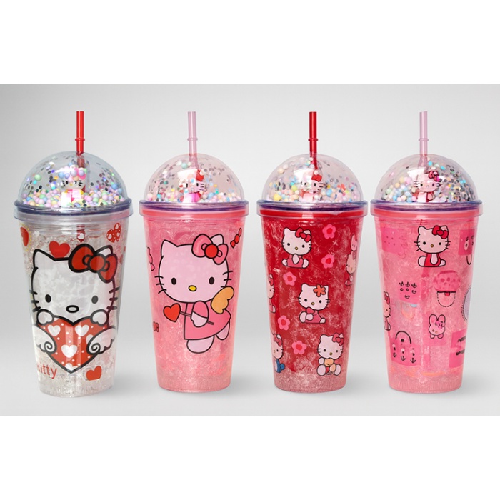 Sevimli Hello Kitty Pipetli Işıklı Boncuklu Suluk Bardak 400 ml