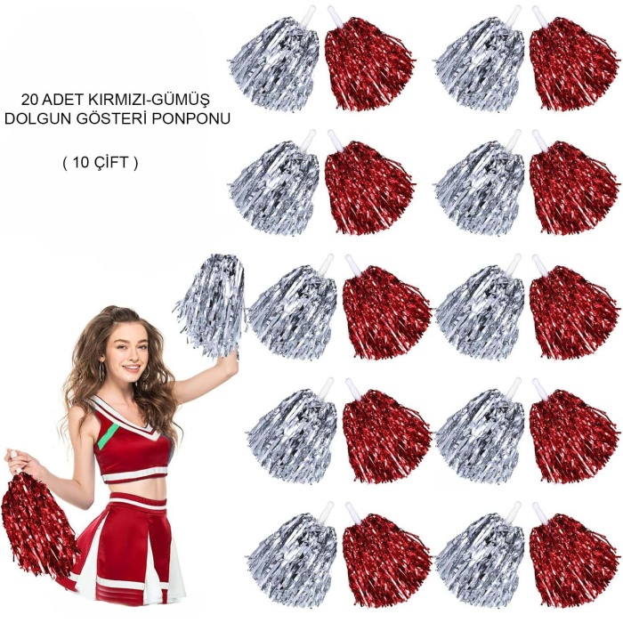 Kırmızı Gümüş Metalik Dolgun Gösteri Ponponu - 20 Adet (10 Çift)