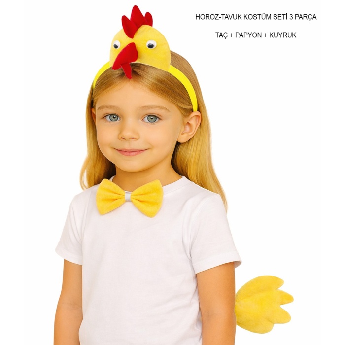 Çocuk Horoz Tavuk Kostüm Seti 3 Parça (Taç + Papyon + Kuyruk)