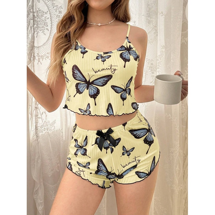 Kadın Sarı Kelebek Desenli Askılı Şortlu Ribana Pijama Takımı,Rahat ve Şık Ev Giyim,Kadın Pijama