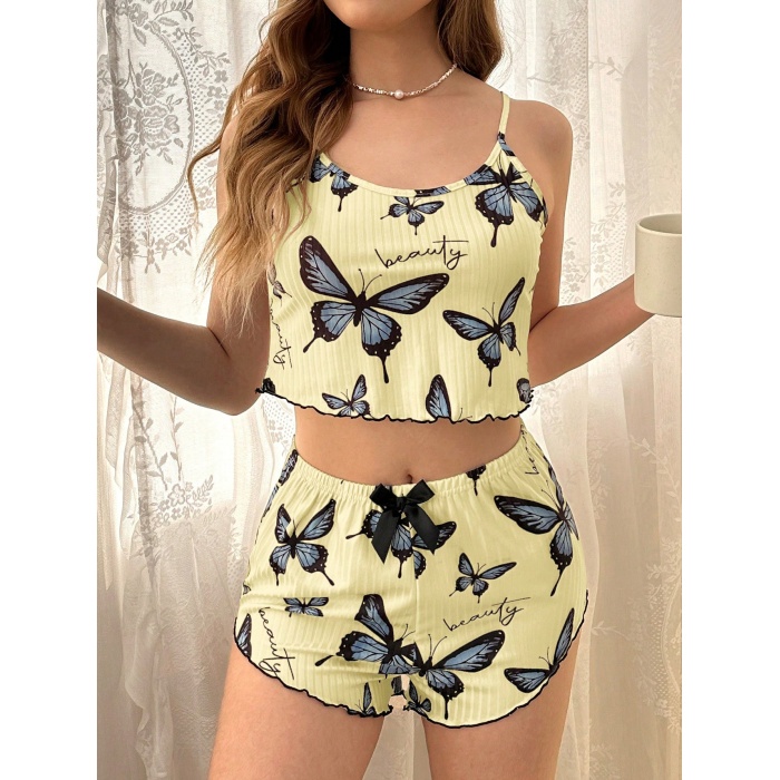 Kadın Sarı Kelebek Desenli Askılı Şortlu Ribana Pijama Takımı,Rahat ve Şık Ev Giyim,Kadın Pijama