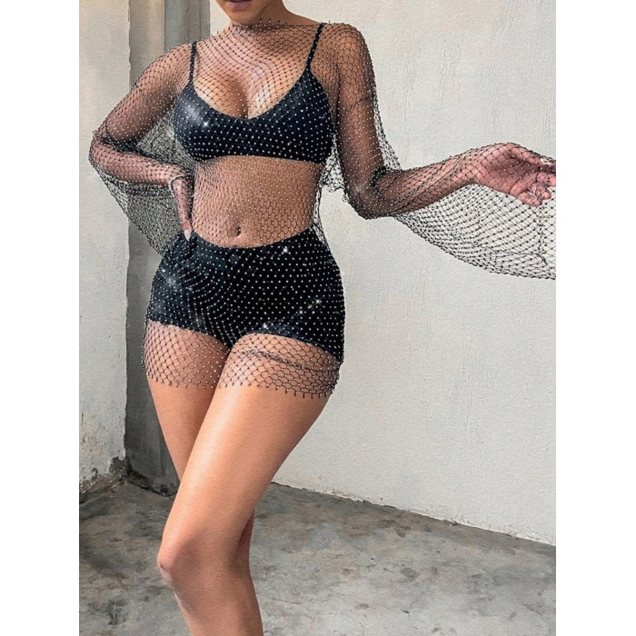 Kadın Siyah Kristal Taşlı File Kollu Kısa Elbise