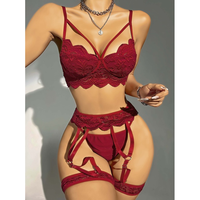 Kadın Bordo Dantel Detaylı Jartiyer Takım