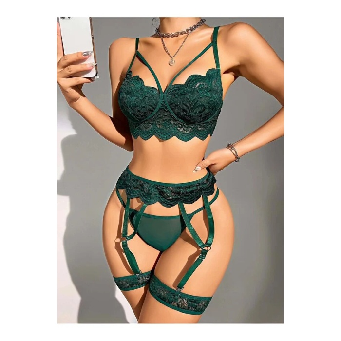 Kadın Yeşil Dantel Detaylı Jartiyer Takım