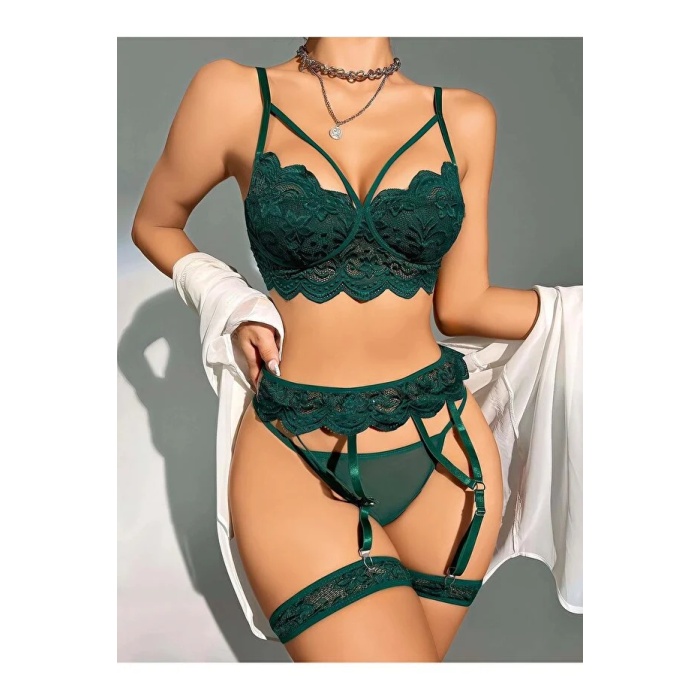 Kadın Yeşil Dantel Detaylı Jartiyer Takım