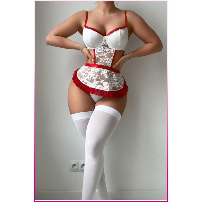 Beyaz Balenli Seksi Hizmetçi Kostüm