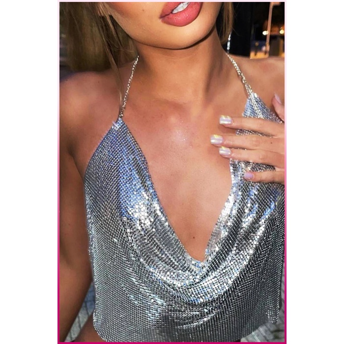 Parlak Gümüş Zırh Bustiyer,Kadın Seksi Zarif Crop