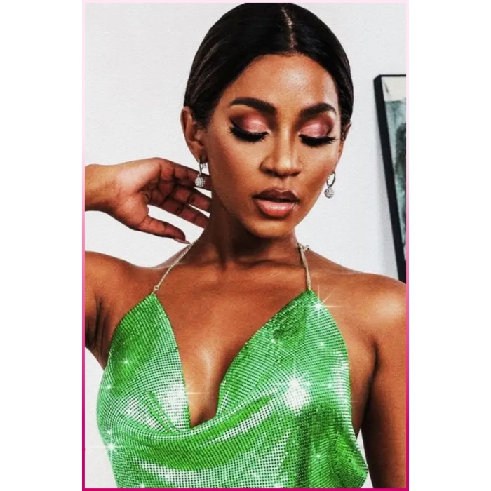 Kristal Yeşil Taşlı Parlak Crop & Bluz Kolsuz Kayık Yaka Parti Plaj Büstiyer