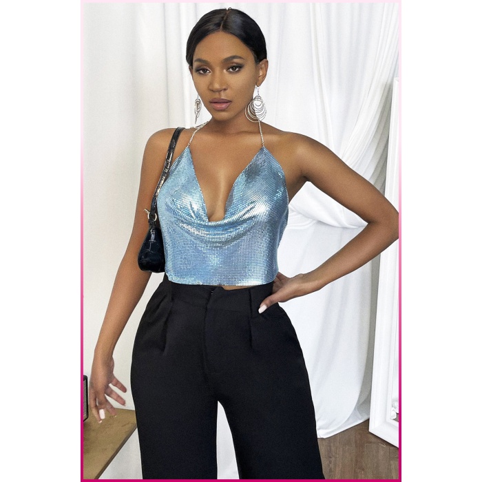 Kristal Mavi Taşlı Parlak Crop & Bluz Kolsuz Kayık Yaka Parti Plaj Büstiyer