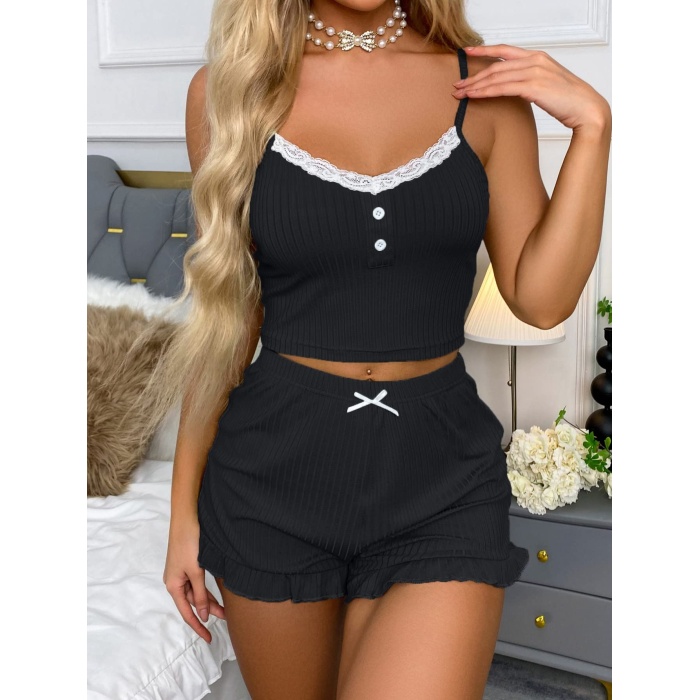 Siyah Likralı Düğmeli Yumuşacık 2Lİ Pijama Takımı