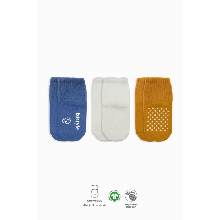 3Lü Basic Kaymaz Penye Soket Çorap 10107 İndigo Ekru Hardal