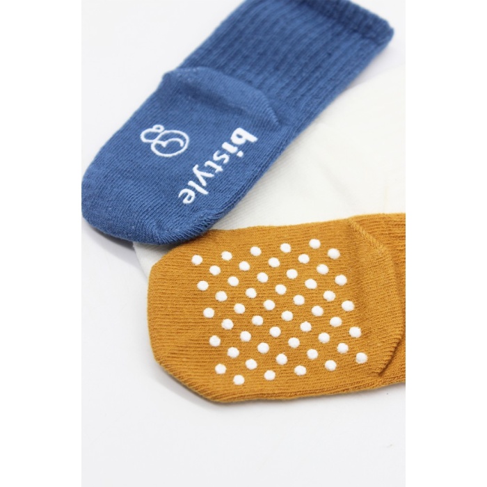 3Lü Basic Kaymaz Penye Soket Çorap 10107 İndigo Ekru Hardal
