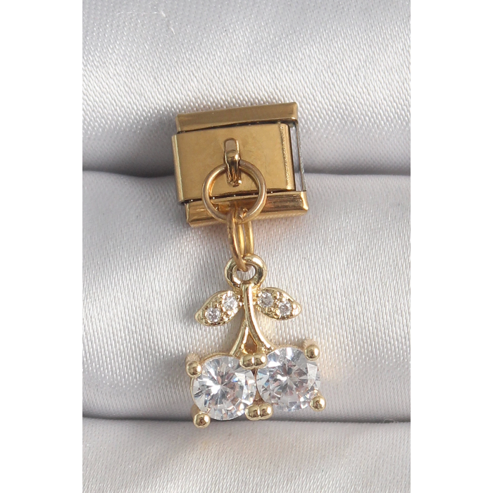 BFS 316L Çelik Gold Renk Sallantı Zirkon Taşlı Kiraz Model Nomination Charm