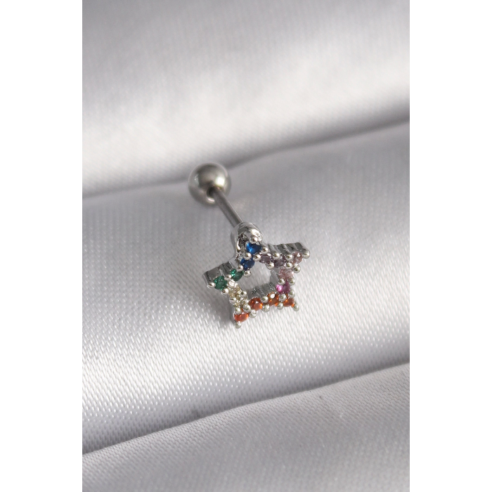 BFS 316L Çelik Gümüş Renk Renkli Zirkon Taşlı Yıldız Model Tragus Piercing