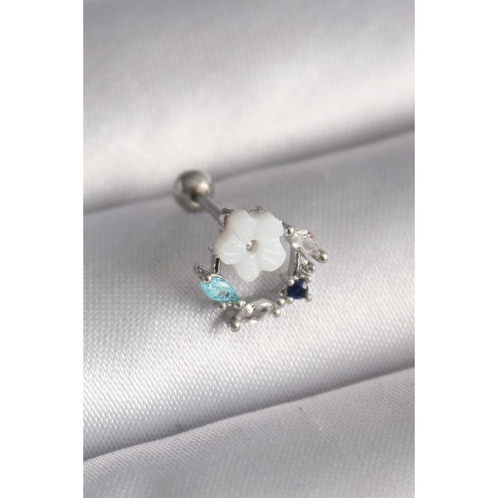 BFS 316L Çelik Gümüş Renk Zirkon Taş Detay Beyaz Çiçek Model Tragus Piercing