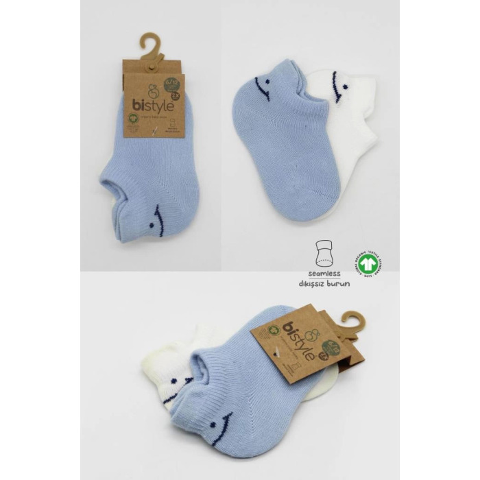 BFS   Bistyle 2Li Sneakers Smile Penye Çorap BS20106 Mavi Ekru