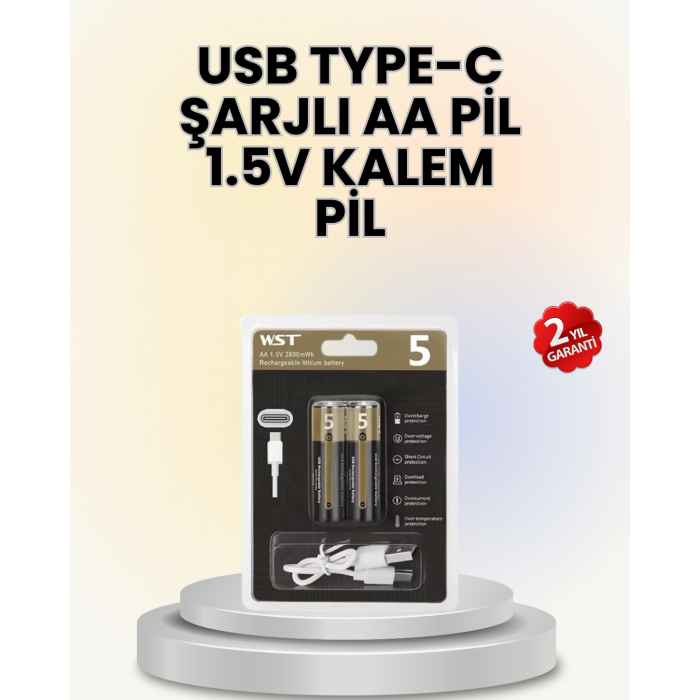 USB Type-C ile Hızlı Şarj Edilebilen AA Lityum Pil