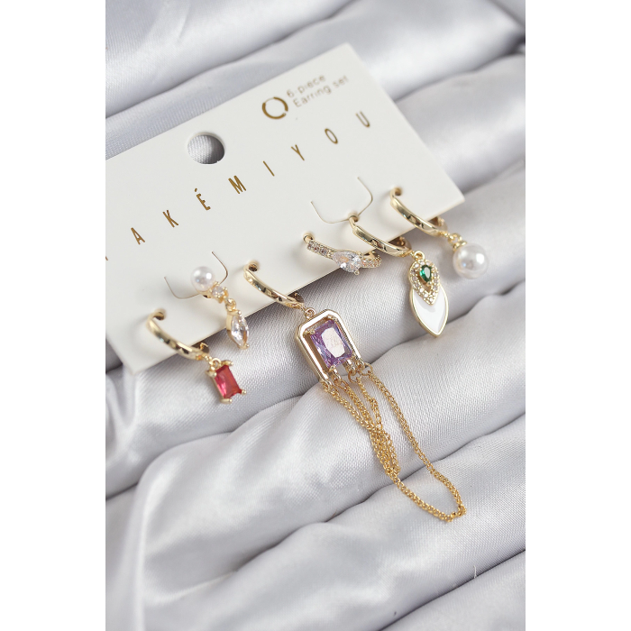BFS Pirinç Zirkon Taşlı Sallantılı Ve İncili Gold Renk 6lı Küpe Set