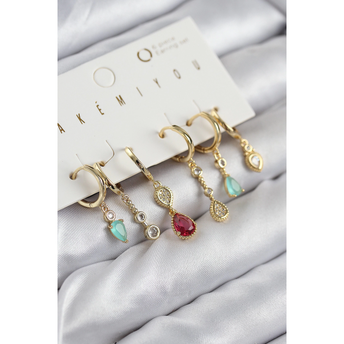 BFS Pirinç Zirkon Taşlı Sallantılı Model Gold Renk 6lı Küpe Set