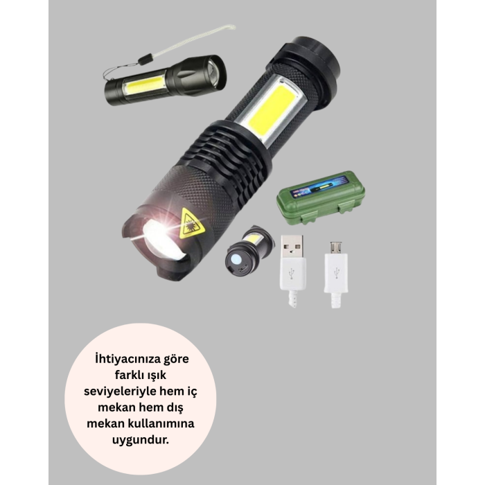 Şarjlı Mini LED El Feneri 2000 Lümen Su Geçirmez