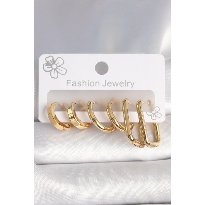 BFS 316L Çelik Gold Renk Kare Halka Model Kadın Küpe Seti