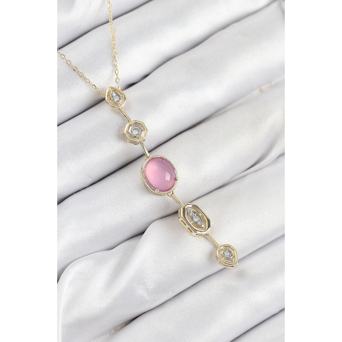 BFS Pirinç Zincir Pembe Gold Renk Zirkon Taşlı Y Kolye