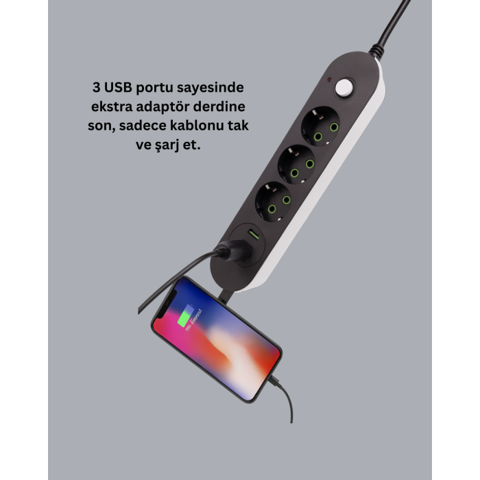 USB Yuvalı Anahtarlı Üçlü Priz 2 Metre Kablolu