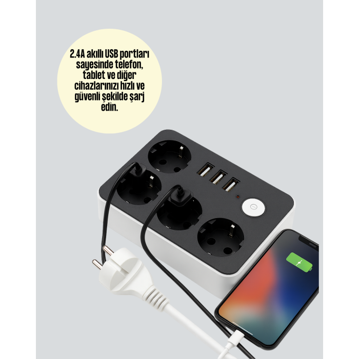 Akım Korumalı 3 USB Portlu 4’lü Priz 4.1A Hızlı Şarj
