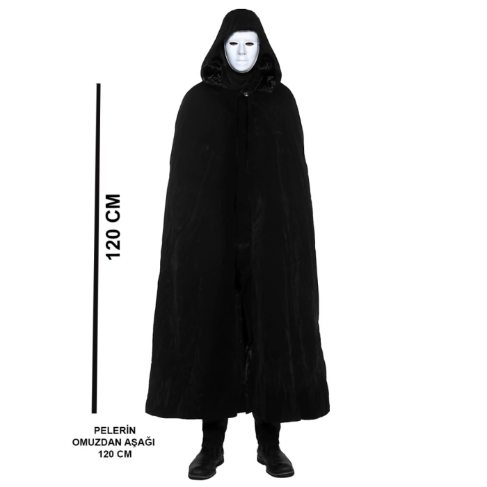 BFS  Siyah Kapüşonlu 120 cm Pelerin ve Beyaz Boyanabilir Tam Yüz Maske