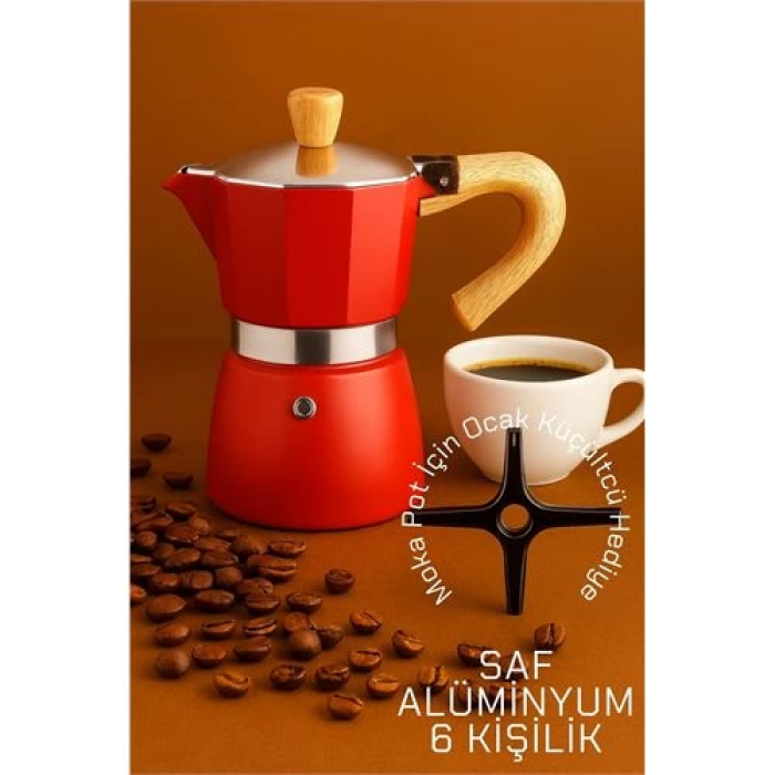 BFS  Italyan Moka Pot - 6061 Saf Alüminyum  Ahşap Saplı - 6 kişilik KIRMIZI