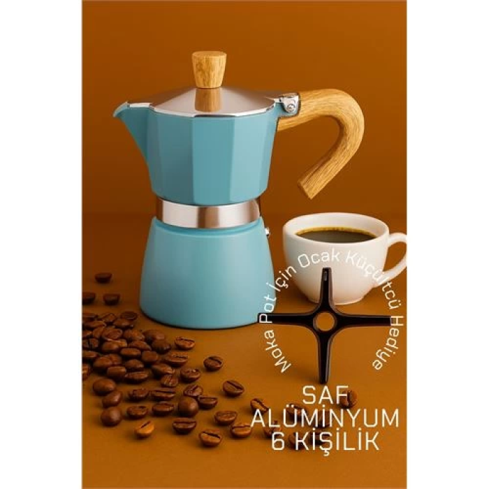 BFS  Italyan Moka Pot - 6061 Saf Alüminyum  Ahşap Saplı - 6 kişilik MAVİ