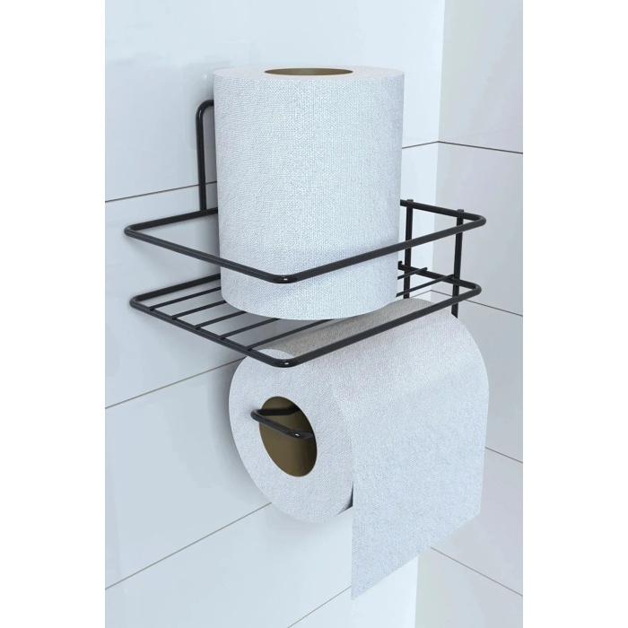 BUFFER® Kendiliğinden Yapışkanlı Tuvalet Kağıdı Tutacağı ve Yedek Raf - Siyah Modern Metal Tasarım
