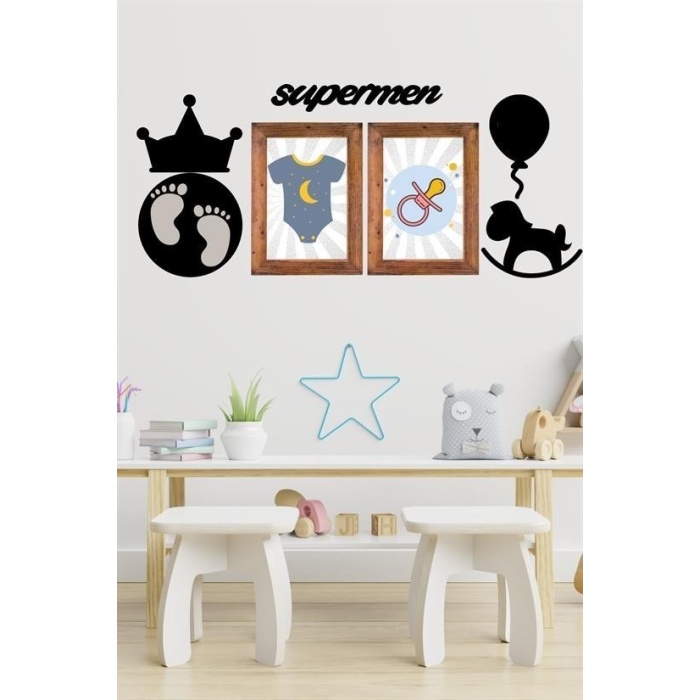 BUFFER® DECO103 Supermen Dekoratif Duvar Süsü Tablo Aksesuar Ahşap Tasarım Hediye Pano Sticker Seti