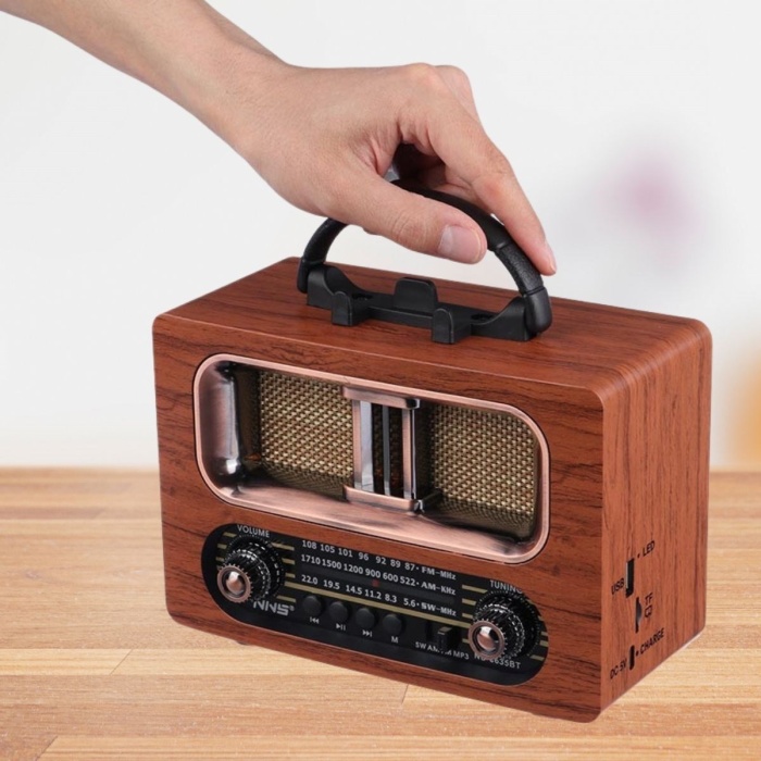 BUFFER® Büyük Boy Retro, Nostaljik, Ahşap Tasarım Bluetooth Hoparlörlü, Şarjlı, Taşınabilir FM/AM Destekli Radyo NS-6635