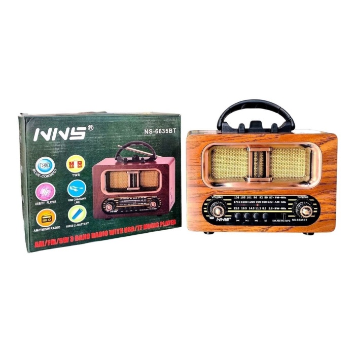 BUFFER® Büyük Boy Retro, Nostaljik, Ahşap Tasarım Bluetooth Hoparlörlü, Şarjlı, Taşınabilir FM/AM Destekli Radyo NS-6635
