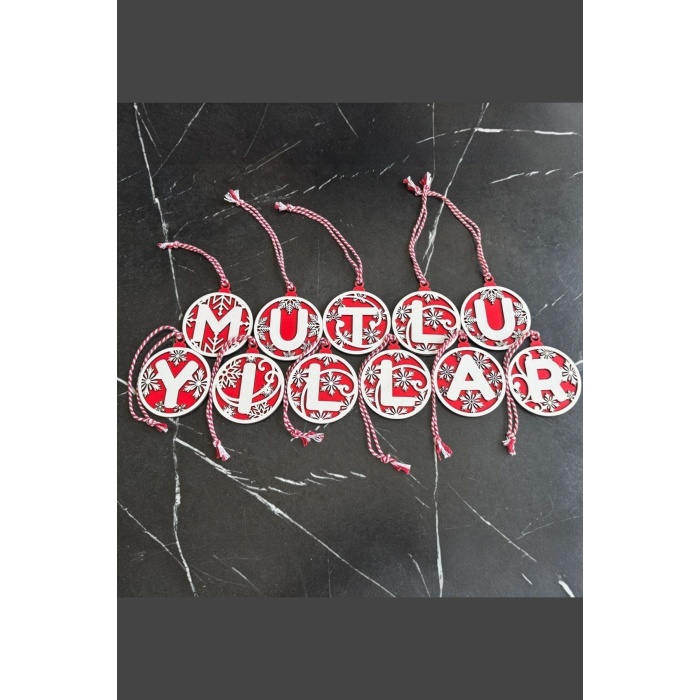 BUFFER® 11 Harfli Kırmızı Beyaz İpli MUTLU YILLAR Yazılı Ahşap Yılbaşı Ağaç Süsü