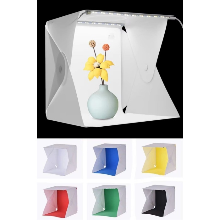 BUFFER® Katlanır Işıklı Fotoğraf Stüdyosu 40x40 cm 6 Renk Fonlu Ürün Çekimi İçin Uygun Fotoğraf Çekim Kutusu